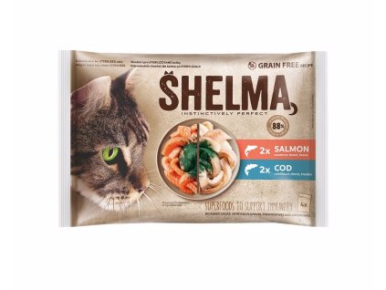 SHELMA Cat losos a treska, kapsa 85 g (4 pack)