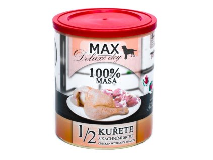 MAX Deluxe Dog 1/2 kuřete s kachními srdci, konzerva 800 g