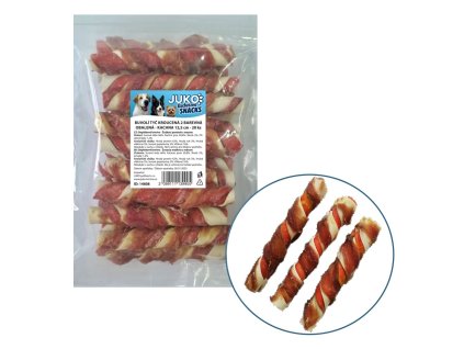 Tyč buvolí kroucená 2 barevná obalená kachním masem JUKO Snacks 12,5 cm (20 ks)