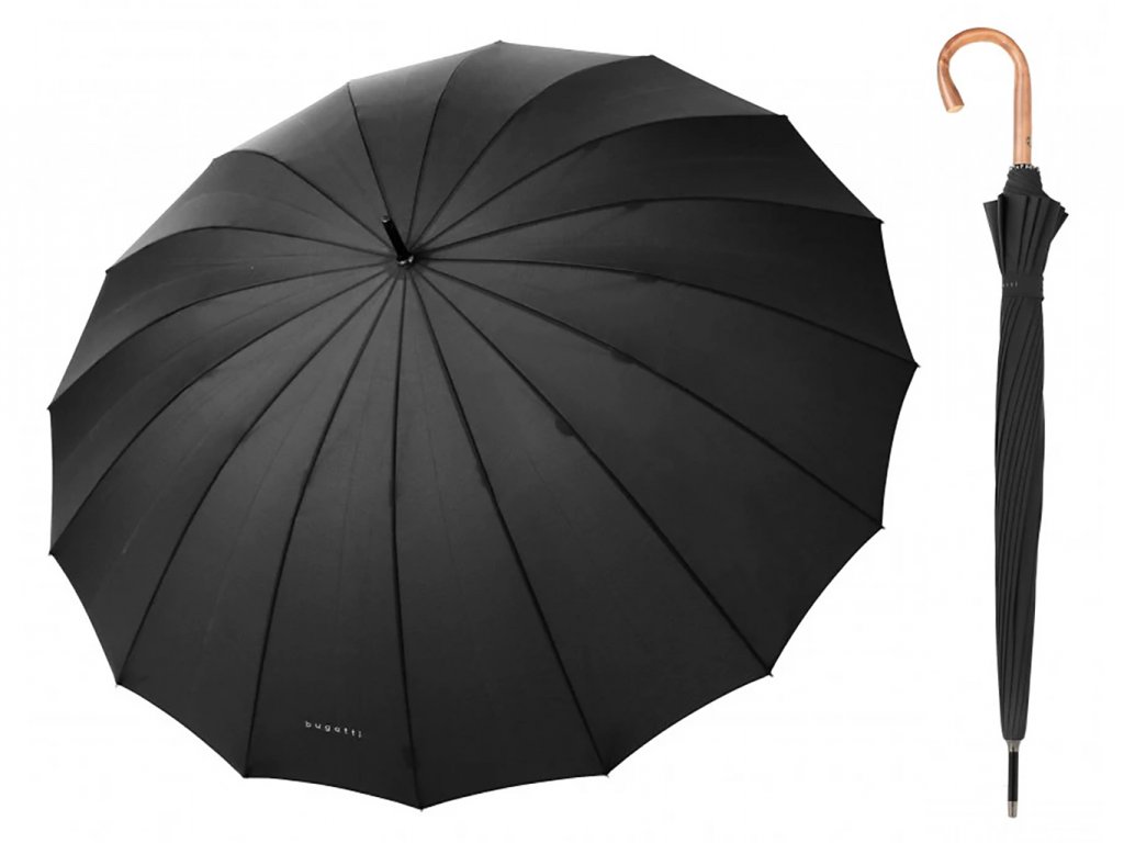Bugatti Doorman černý luxusní pánský holový deštník s dřevěnou rukojetí +  zdarma pláštěnka při nákupu nad 1 000 Kč - Značkové deštníky