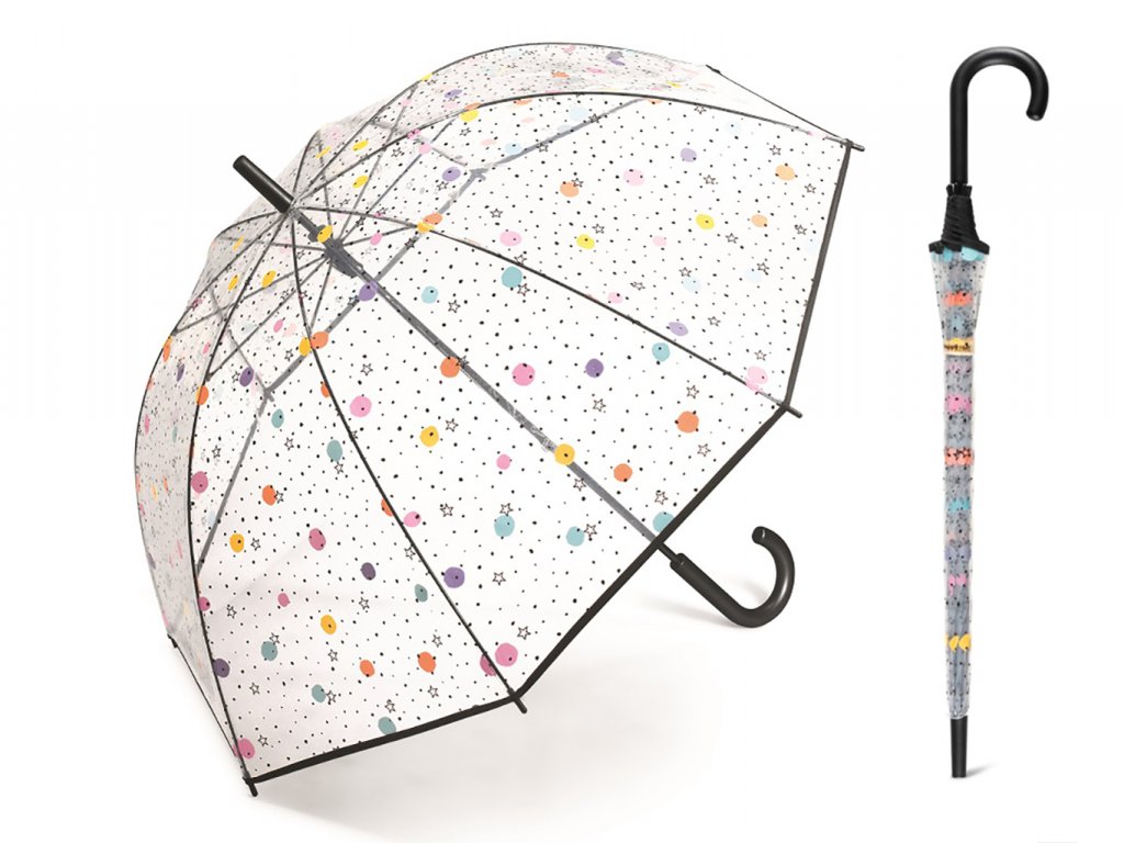 Happy Rain Transparent Dots & Stars průhledný deštník s barevnými puntíky -  Značkové deštníky