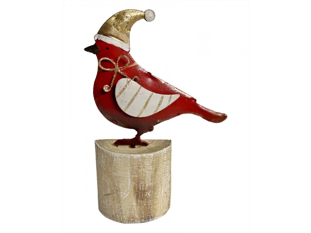 Dekorace ptáček na podstavci, červená/zlatá, 12x17,5x3,5cm | Z naší Kredence