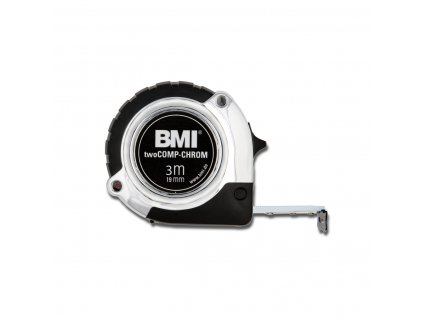 Ein 3m langes Rollbandmaß von BMI's twoCOMP Cr-Serie, glänzend in Chromoptik mit einem robusten ABS-Kunststoff-Gehäuse, ausgestattet mit einem integrierten Gürtelclip