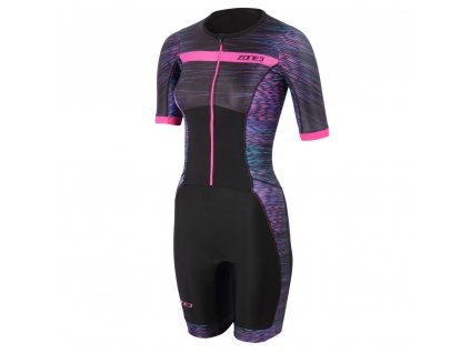 Womens' Activate+ Momentum Short Sleeve Full Zip Trisuit / Black/Teal/Purple/Pink / XS (Varianta XL)
