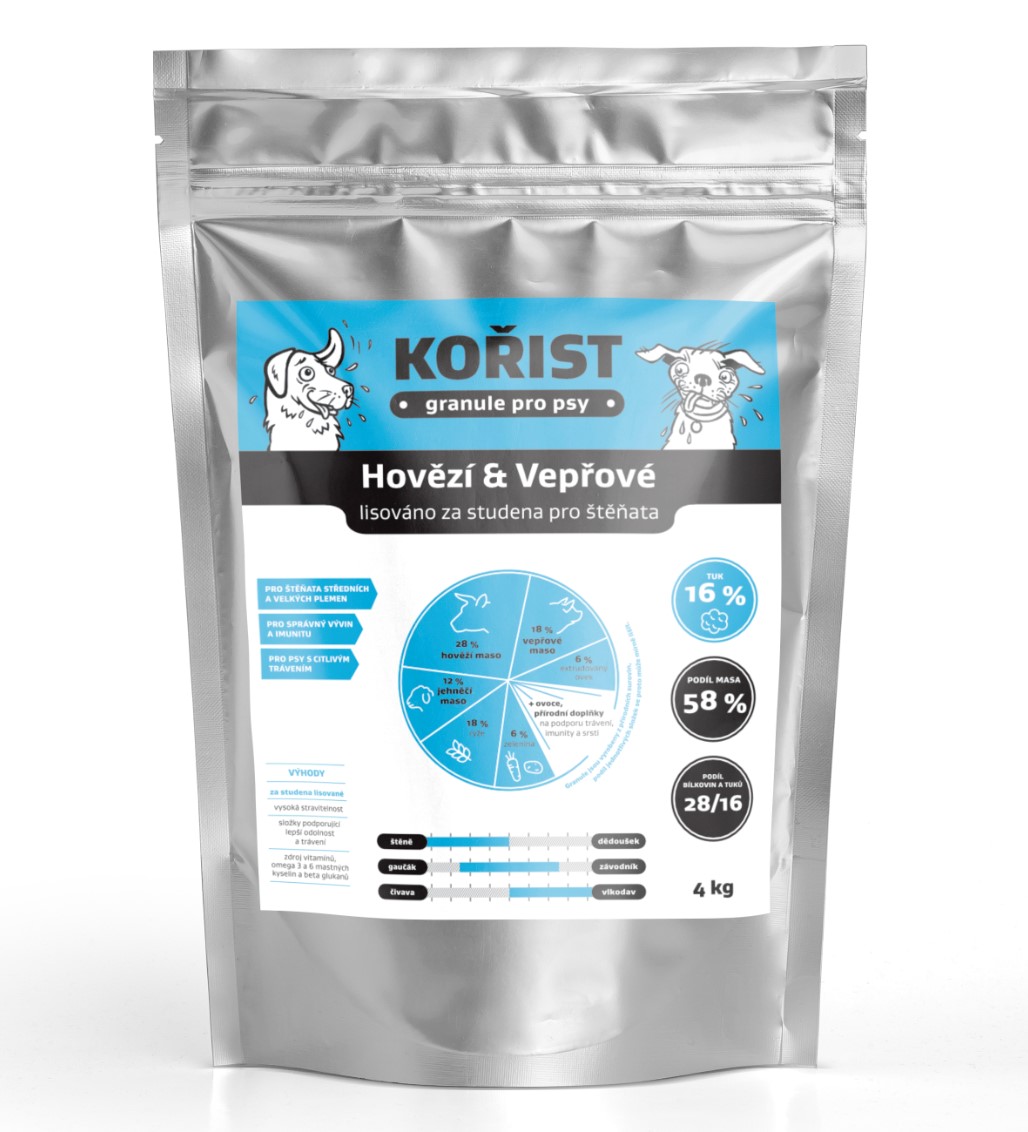 Kořist lisované granule Hovězí a Vepřové pro štěňata 28/16 balení: 4 kg