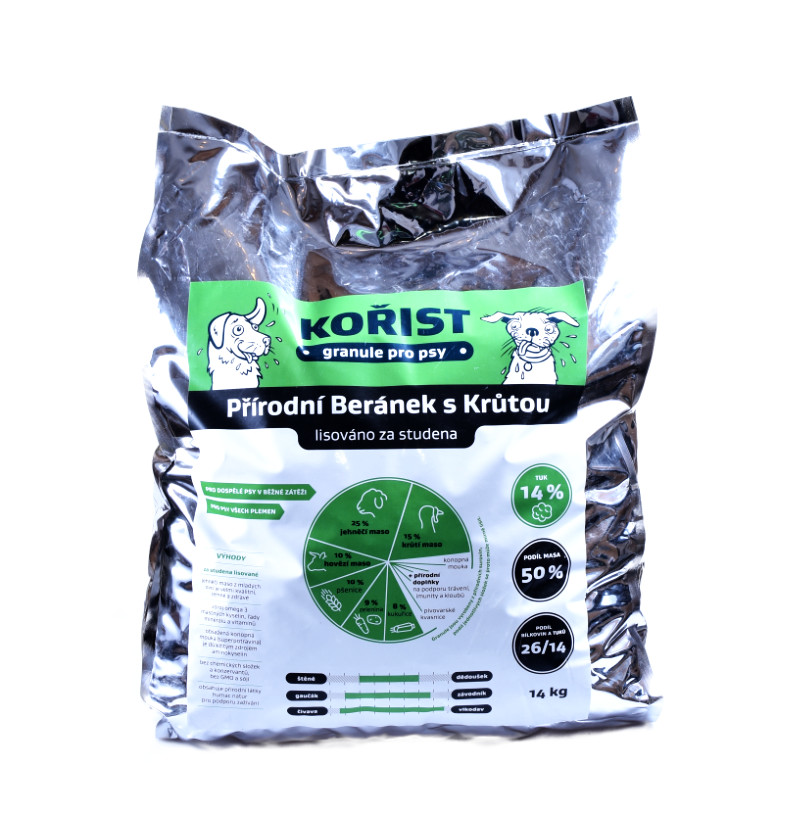 Kořist lisované Přírodní Beránek s Krůtou 26/14 pro dospělé psy Hmotnost: 14 kg