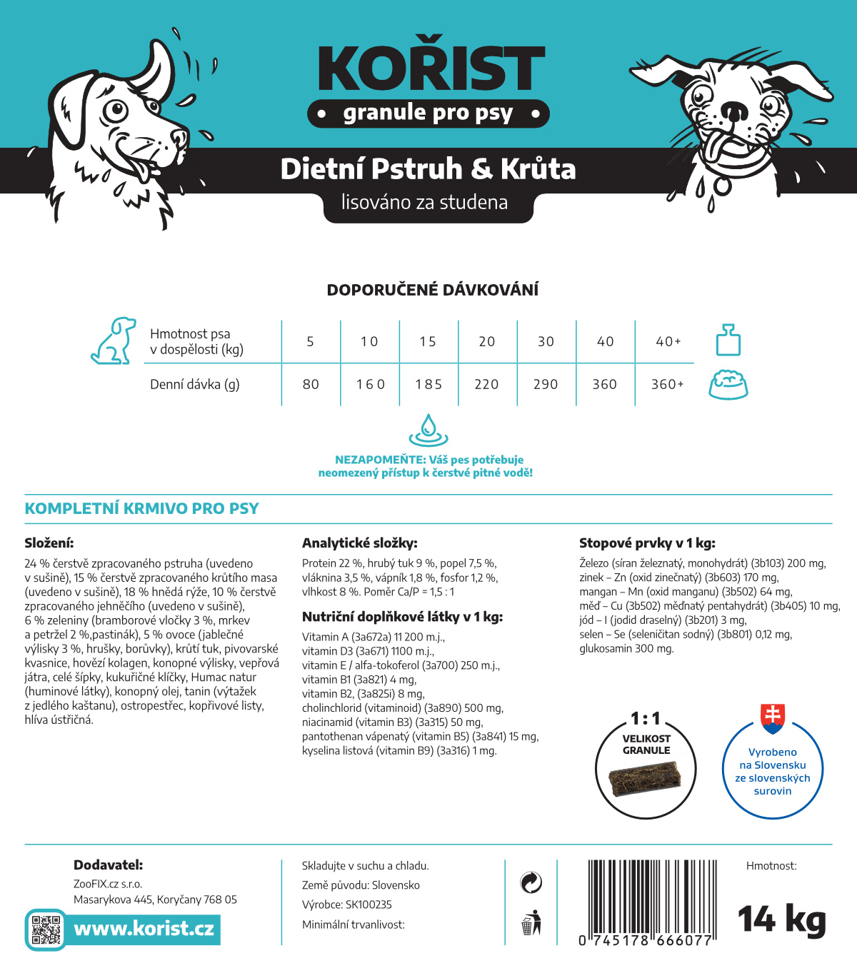 Kořist Dietní Pstruh a Krůta - lisované granule 22/09 Hmotnost: 22 kg
