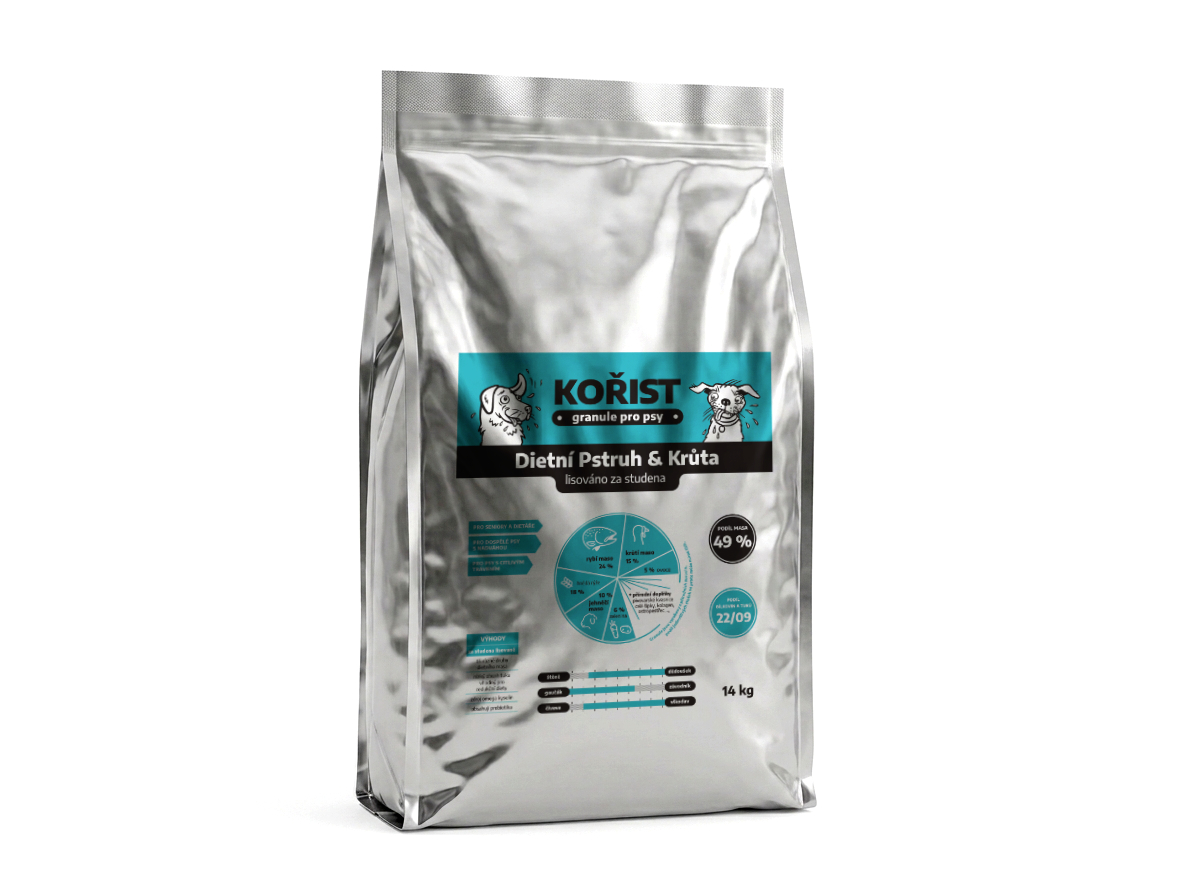 Kořist Dietní Pstruh a Krůta - lisované granule 22/09 Hmotnost: 14 kg
