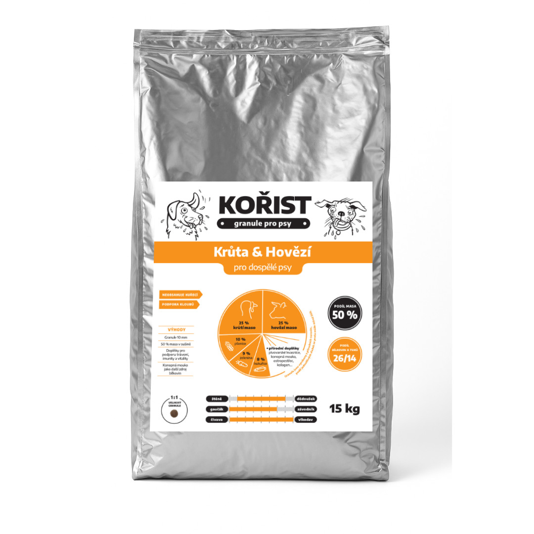 Kořist granule Krůta a Hovězí 26/14 Hmotnost: 15 kg