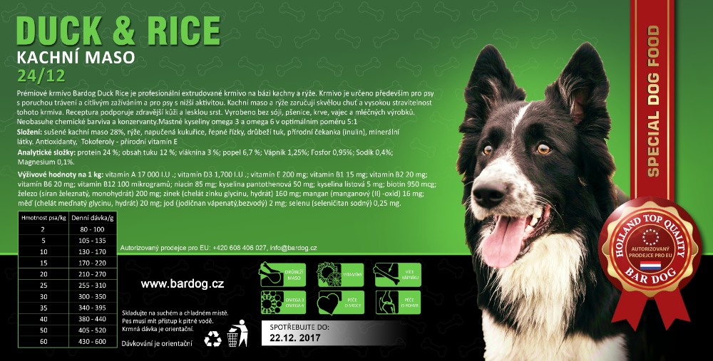Bardog Super prémiové granule Duck Rice 24/12 Hmotnost: 15 kg