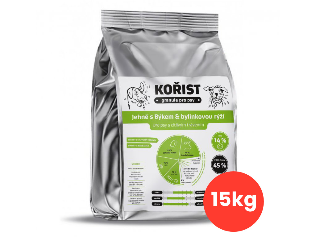 Kořist granule Jehně s Býkem a bylinkovou rýží 25/14 Hmotnost: 15 kg