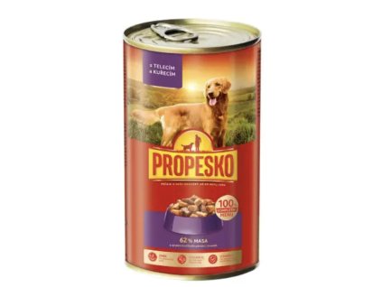 Propesko pes telecí, kuřecí v omáčce 1240g pomačkaný obal