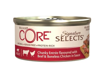 Konzerva Wellness Core Cat Selects Chunky kuře s hovězím v omáčce 79g