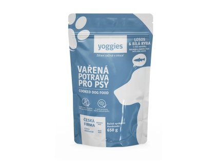 650g Yoggies Vařená potrava pro psy – losos a bílá ryba s chia semínky