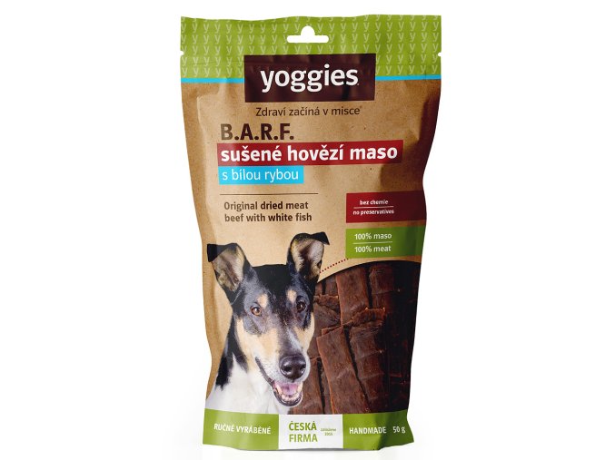 Yoggies Sušené hovězí maso s rybou pro psy (proužky) 45g Pamlsek pro psy