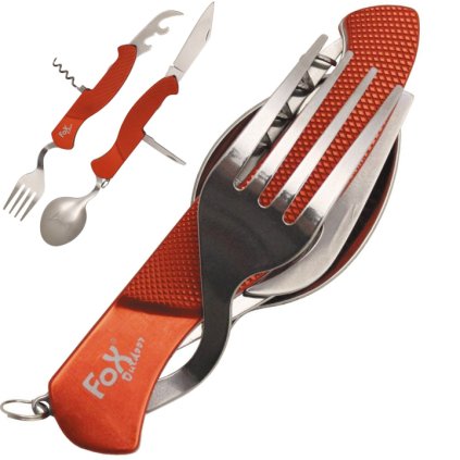 Fox Outdoor Pocket Knife Cutlery Set 6v1, vreckový zatvárací nožík multifunkčný, červený