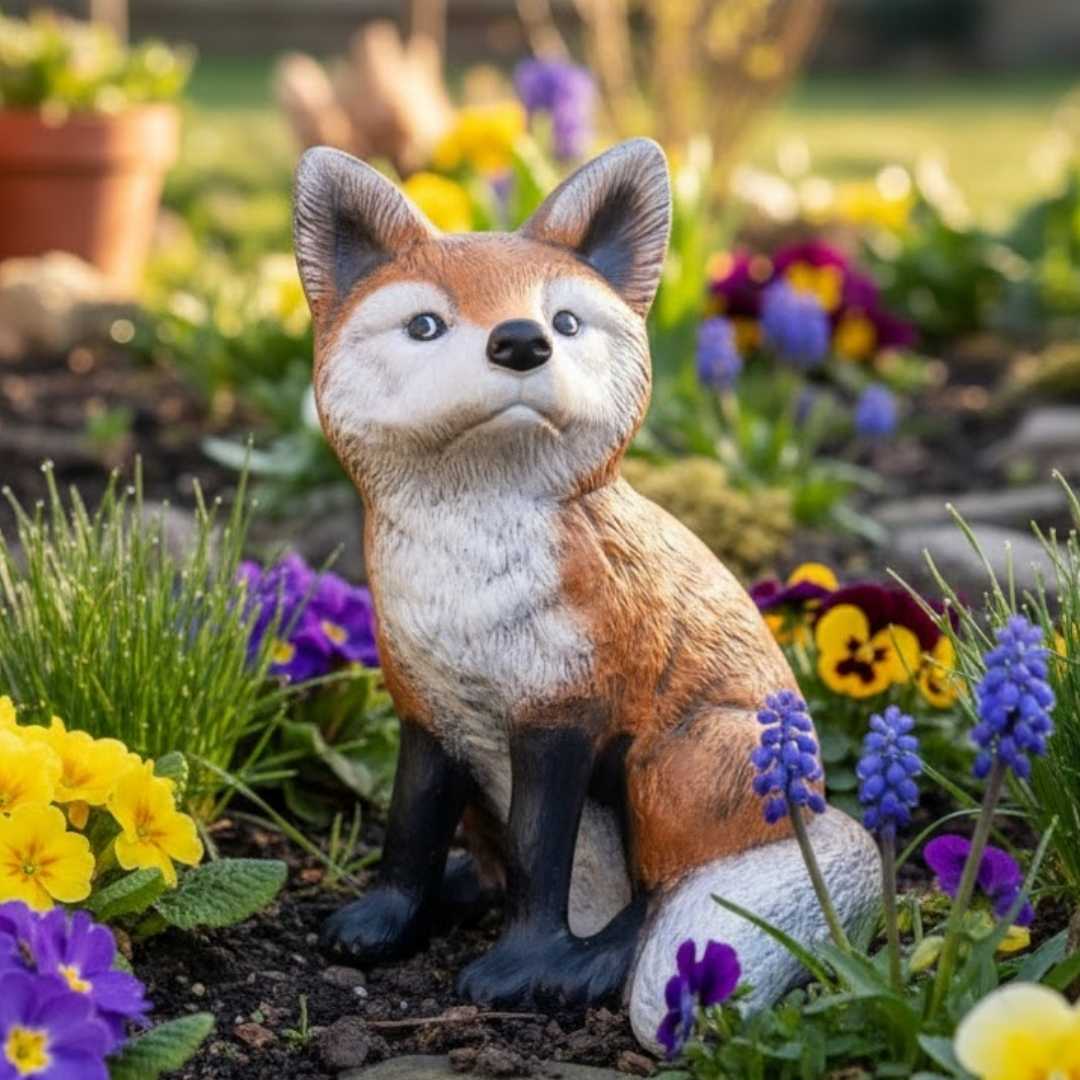 Keramická liška v jarní zahradě