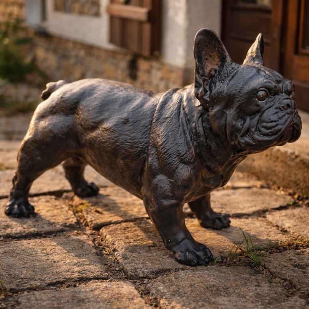 Keramická dekorace buldoček v zahradě