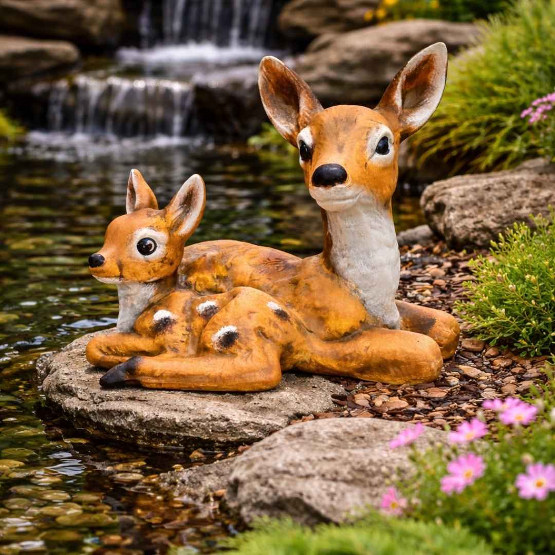 Srnka s kolouškem u zahradního jezírka