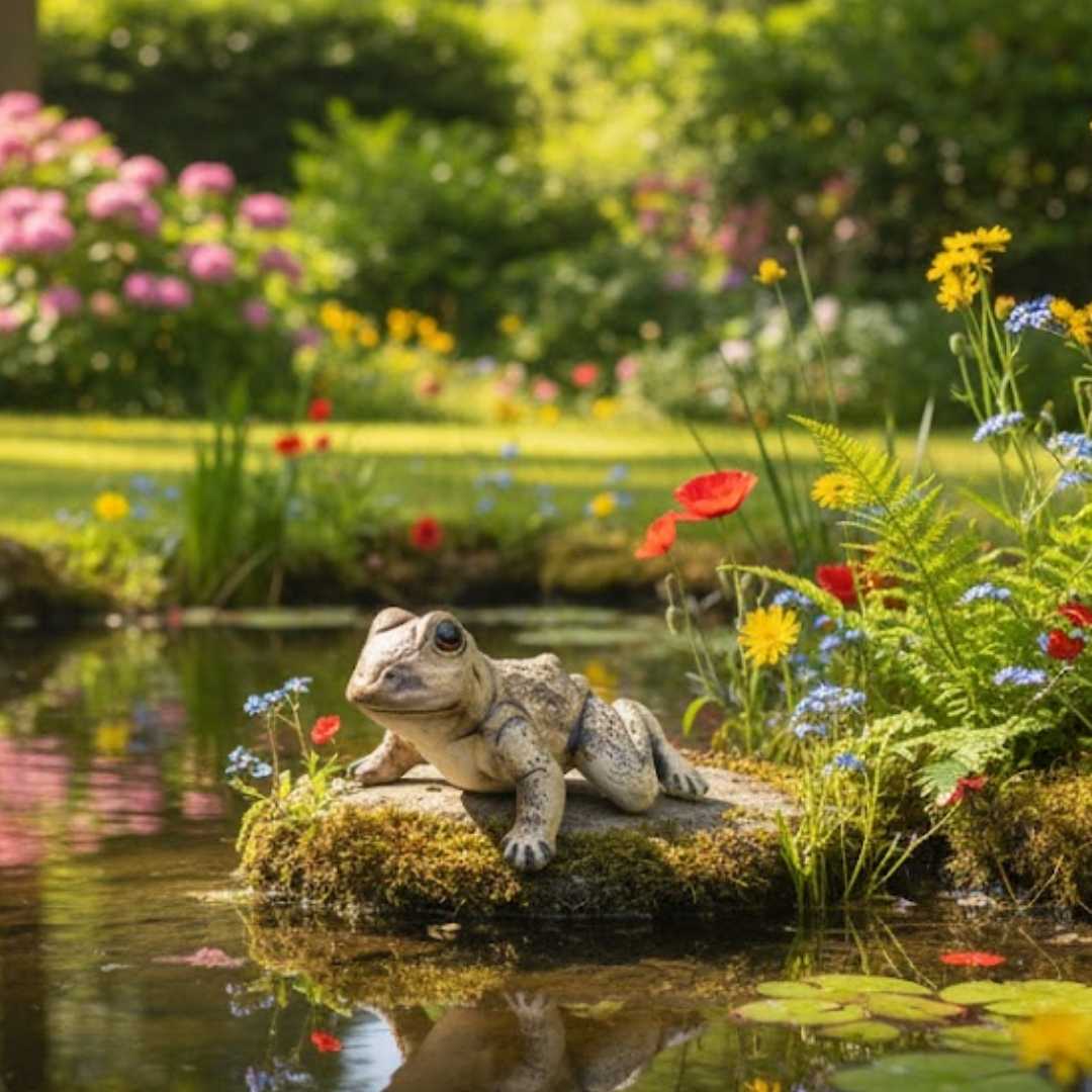 mrazuodolná keramická žába přírodní v létě