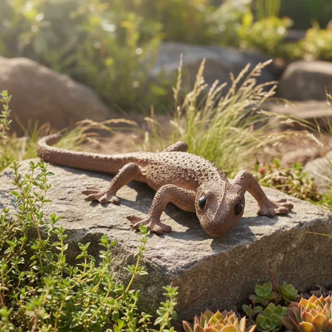 hnědá keramická ještěrka Terka v jarní zahradě