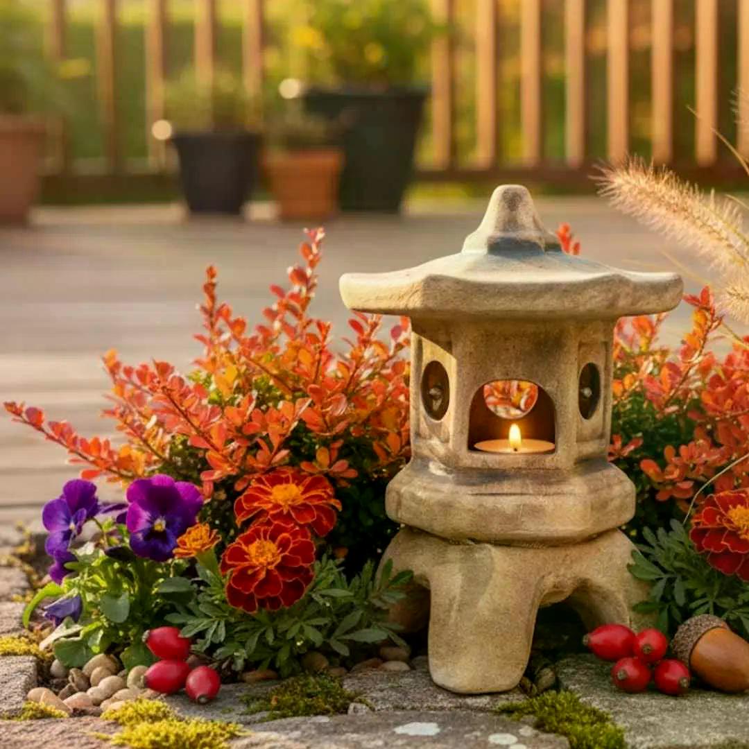 keramická lampa v asijském stylu v podzimní zahradě
