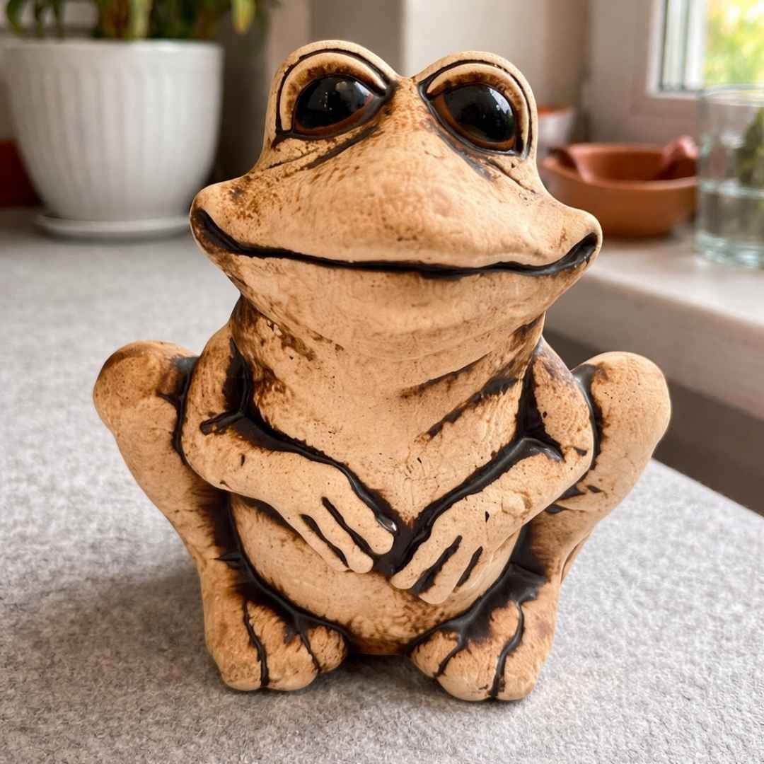 Keramická pokladnička žába v detailu