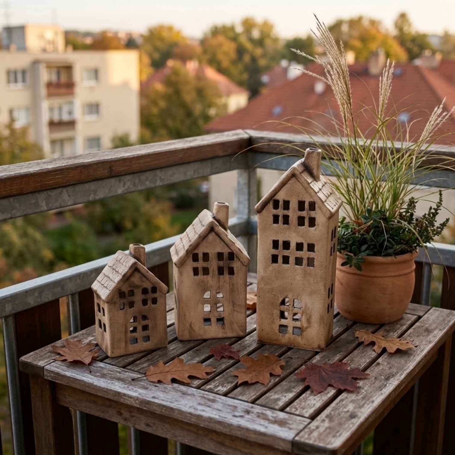 keramická sada svícnů Domečky na podzimní terase