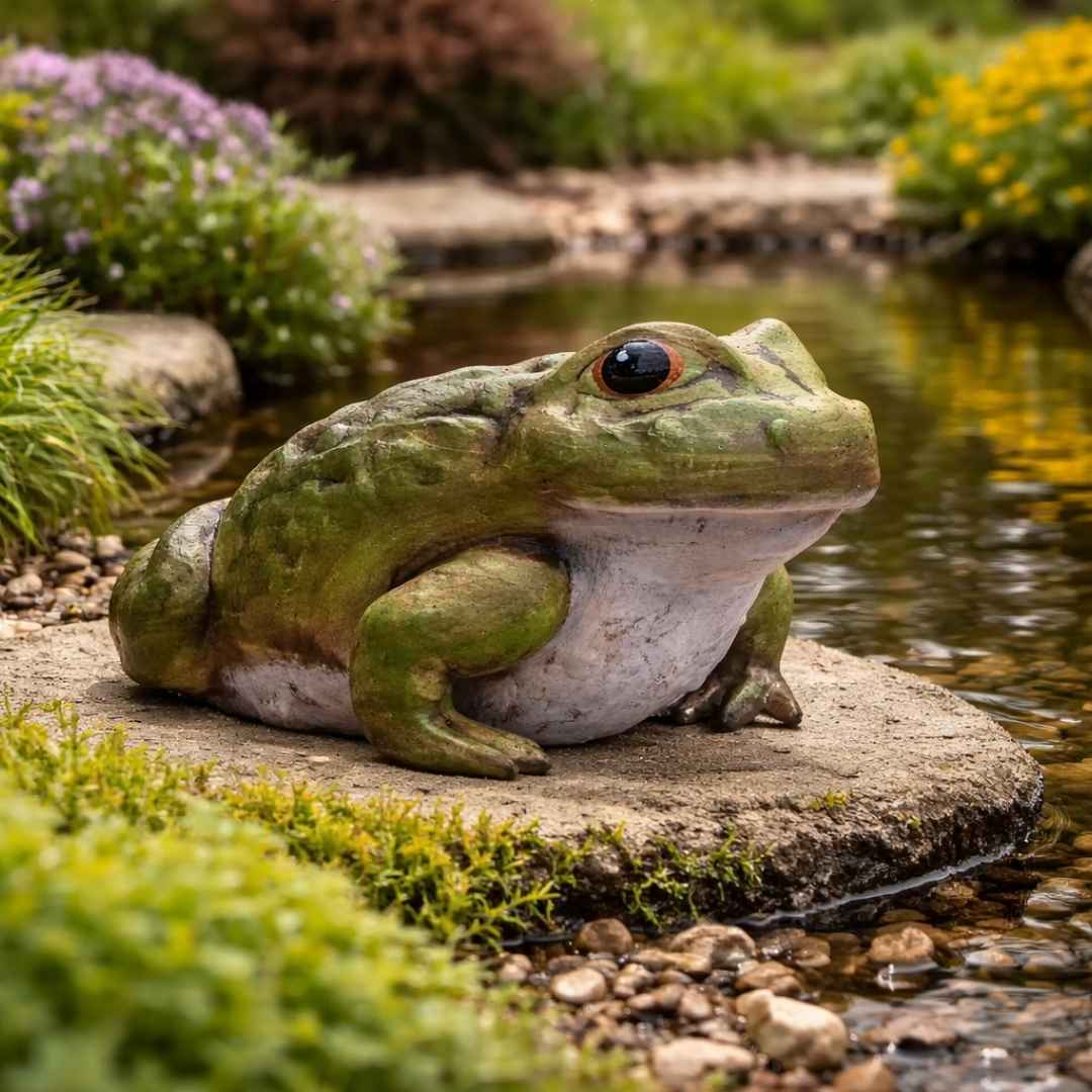 Zelená keramická žába u vody