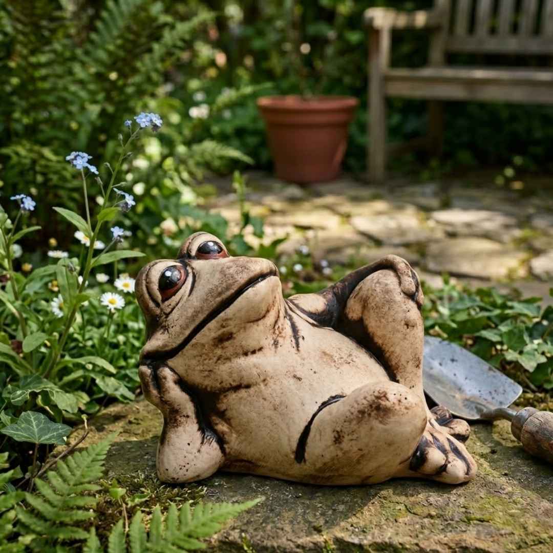 Odpočívající keramická žába u vody