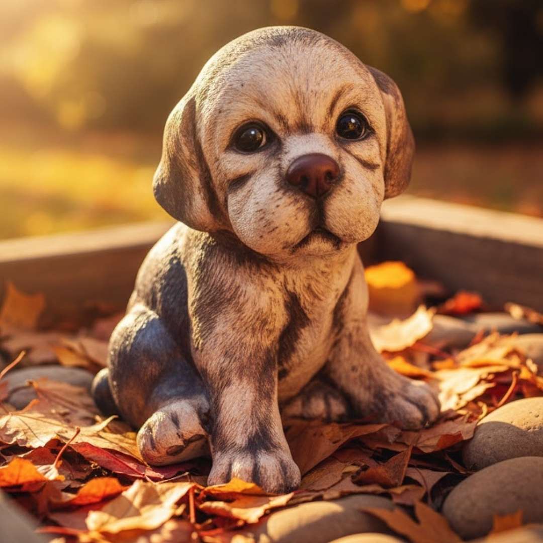 Keramické štěně Puntík v podzimní zahradě