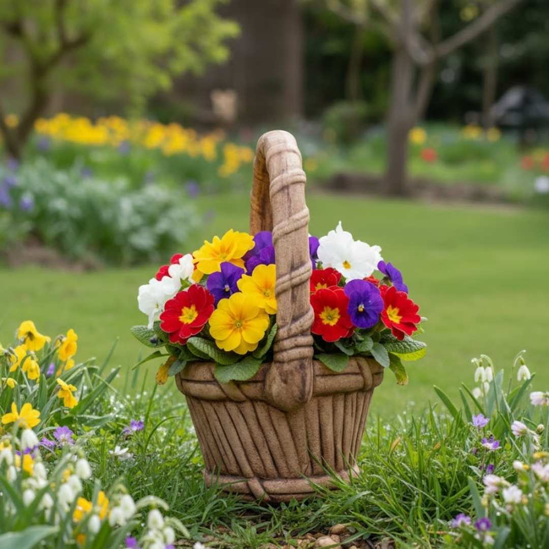 Keramický košík s uchem v zahradě