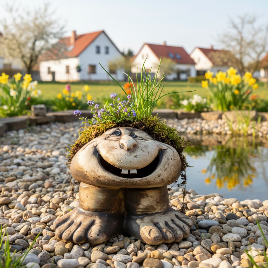 Dvojzubka v jarním kvetoucím záhonu