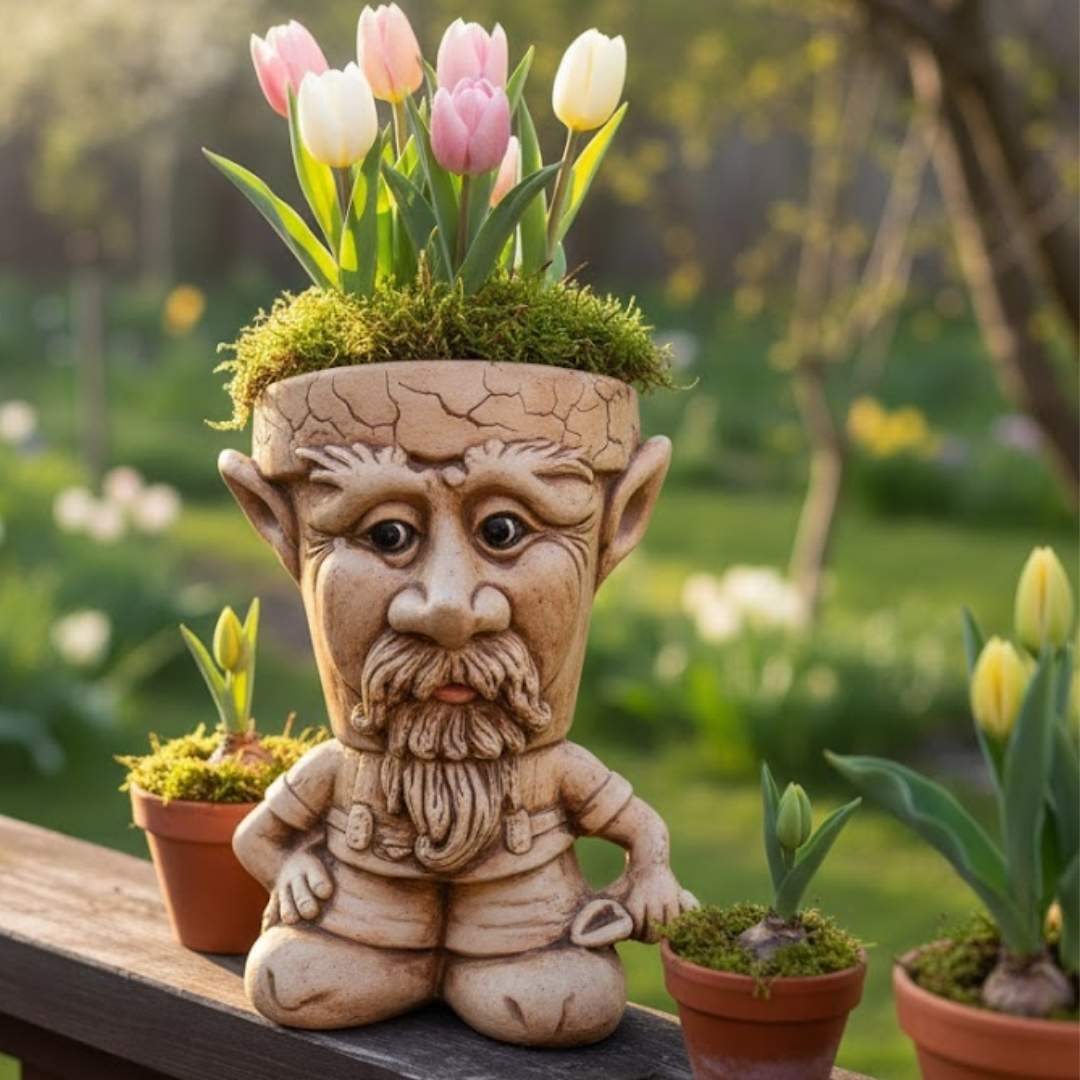 Květináč Fousek v jarním aranžmá