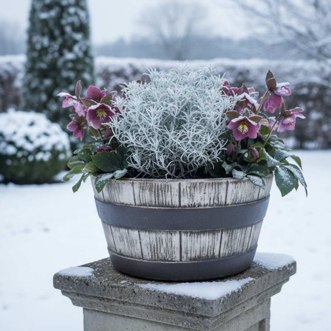 Mrazuvzdorný keramický sud v zimě