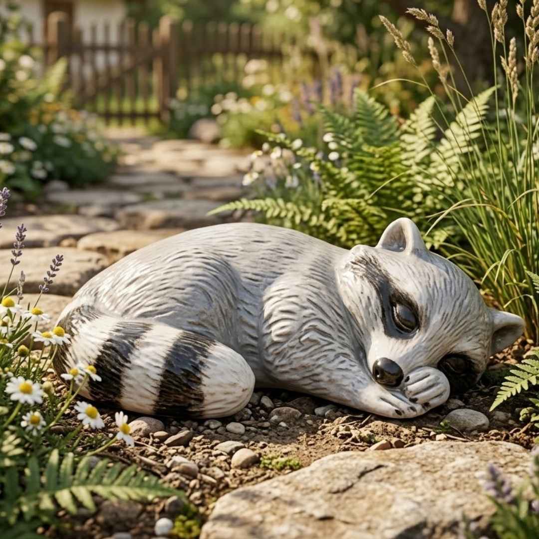 Spící keramický mýval Bruno v jarní zahradě