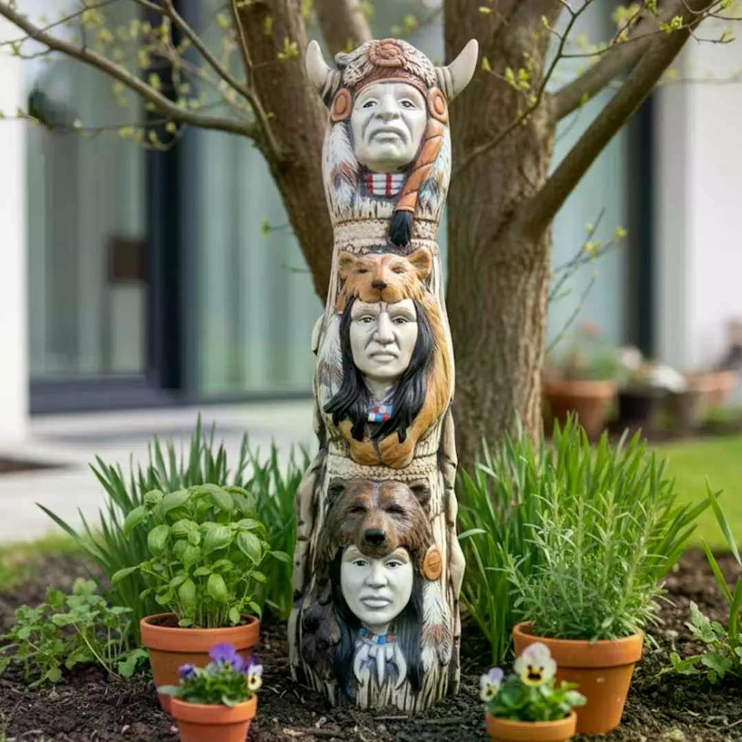 Keramický totem Winnetou v zahradě