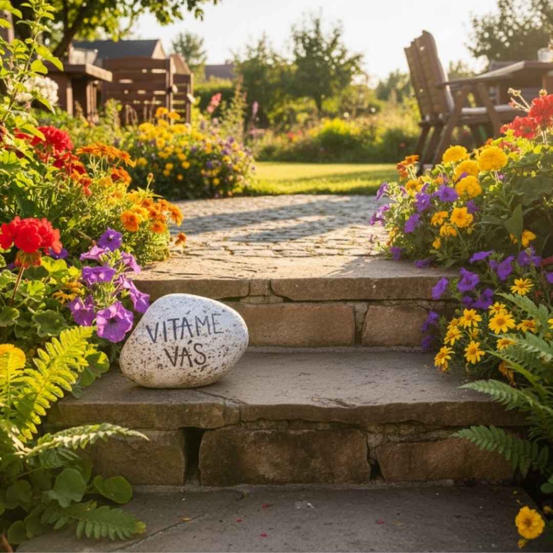 keramický vítací kámen u vstupu