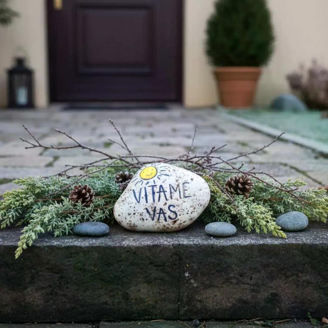 keramický vítací kámen v zimní kompozici