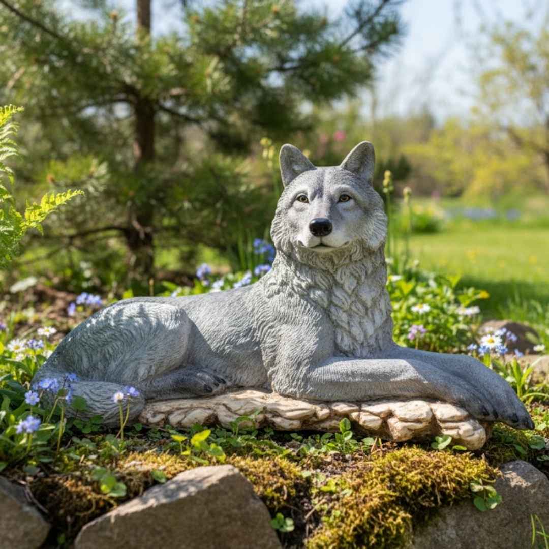 keramický vlk Tesák v jarní zahradě