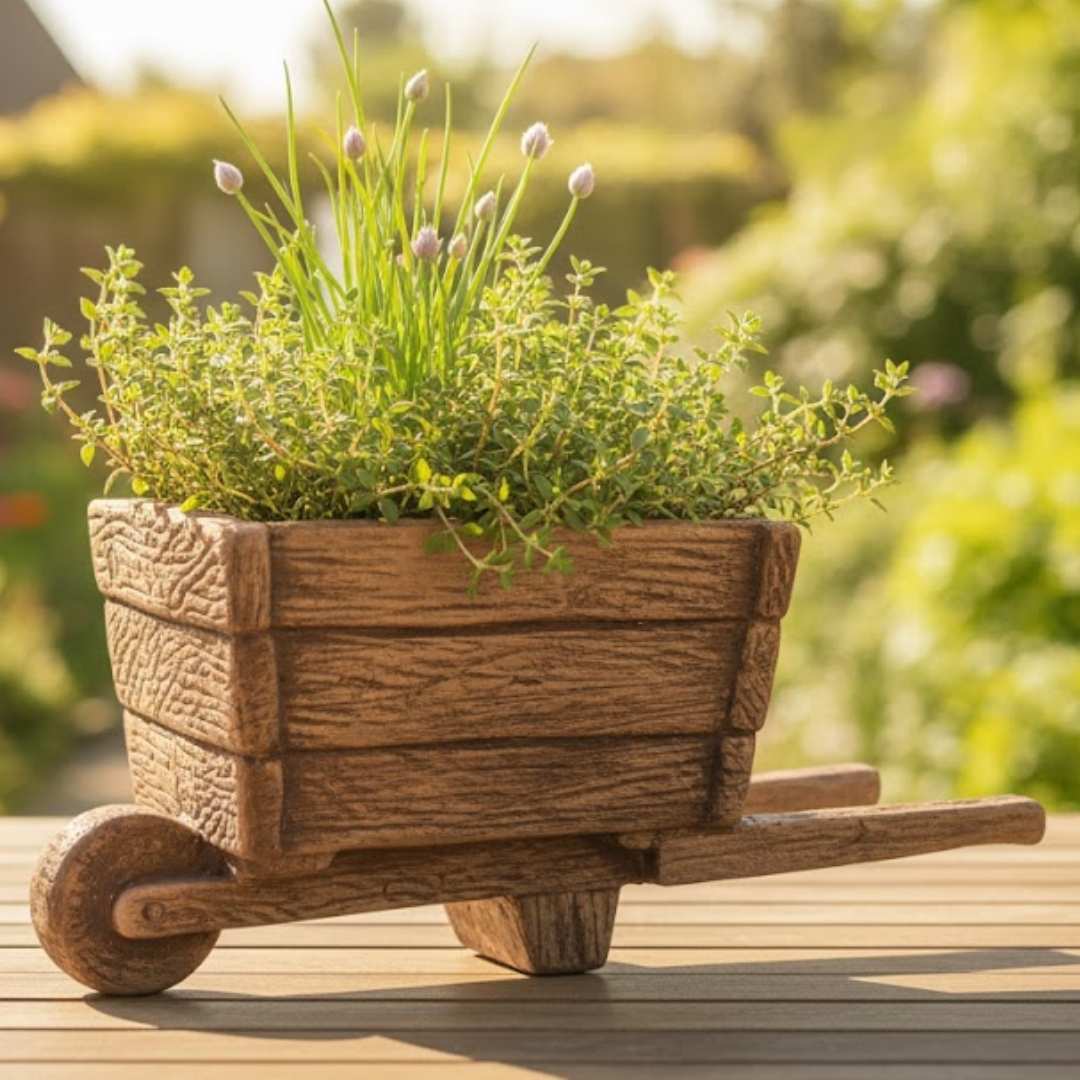 Detail osázeného vozíku bylinkami