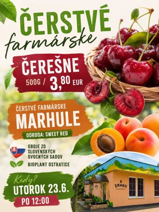 🍒 Čerstvé farmárske ovocie je opäť v Zrnku 🍑 V utorok k nám prídu čerstvé farmárske čerešne a aj marhule odrody Sweet Red....