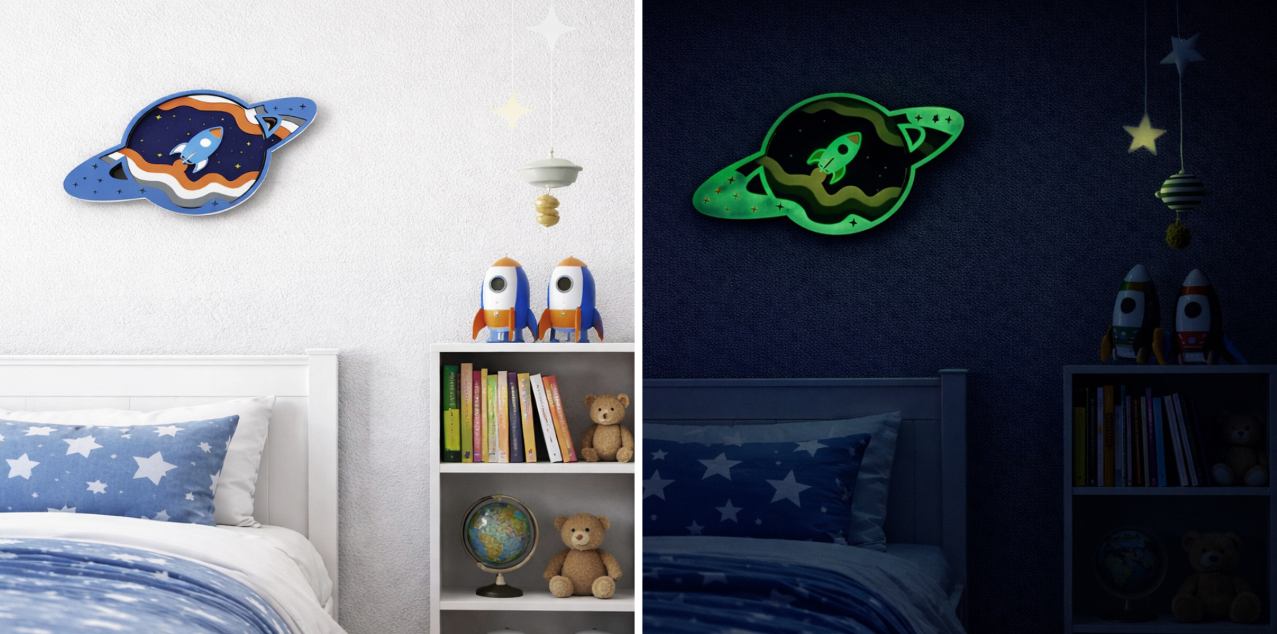 Svítící dřevěná dekorace vesmír planeta