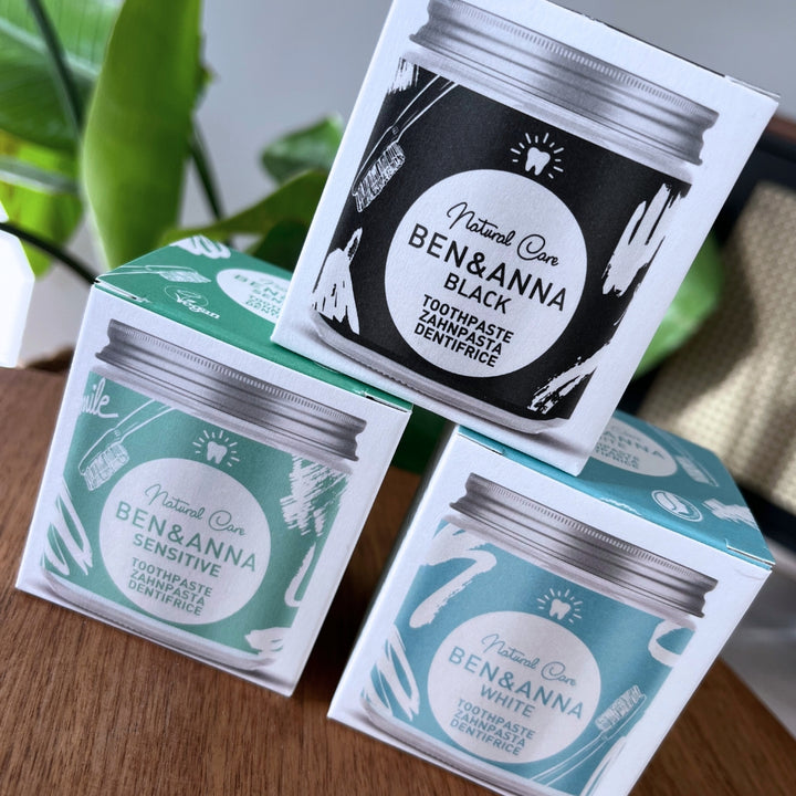 BEN & ANNA přírodní zubní pasty v recyklovatelném skleněném obalu