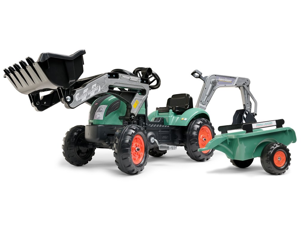 Falk Šlapací traktor Vintage 2054N s lžící, bagrem a přívěsem, zelený