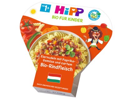 HiPP BIO Vaječné nudle s zeleninou a paprikou a jemným BIO hovězím masem 250g