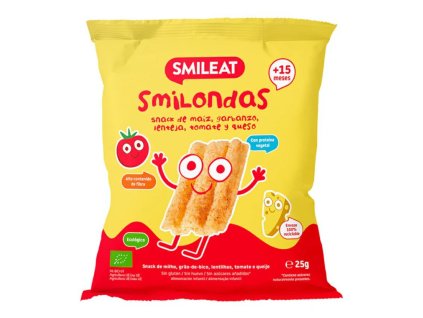 SMILEAT BIO kukuřičné křupky hrášek, čočka, rajče a sýr s olivovým olejem a vitaminem B1 8m+ (25g)