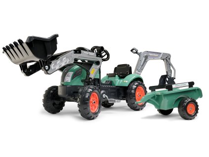 Falk Šlapací traktor Vintage 2054N s lžící, bagrem a přívěsem, zelený
