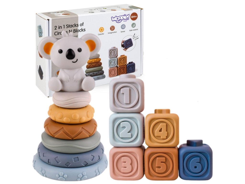 WOOPIE Érzékszervi összecsukható piramis és kockák + Koala fogazó