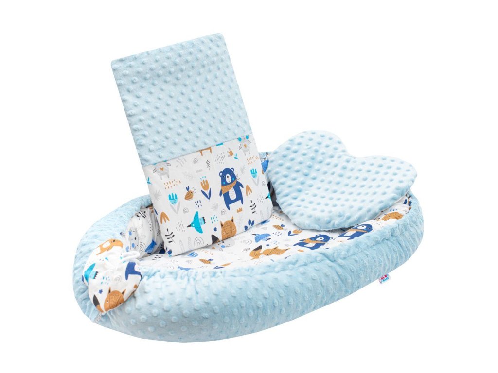 New Baby Luxus fészek párnával és takaróval, kék Minky